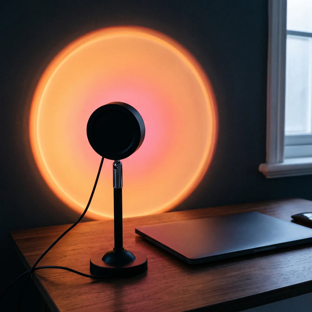 The sunset lamp on a desk, its round glow on the wall